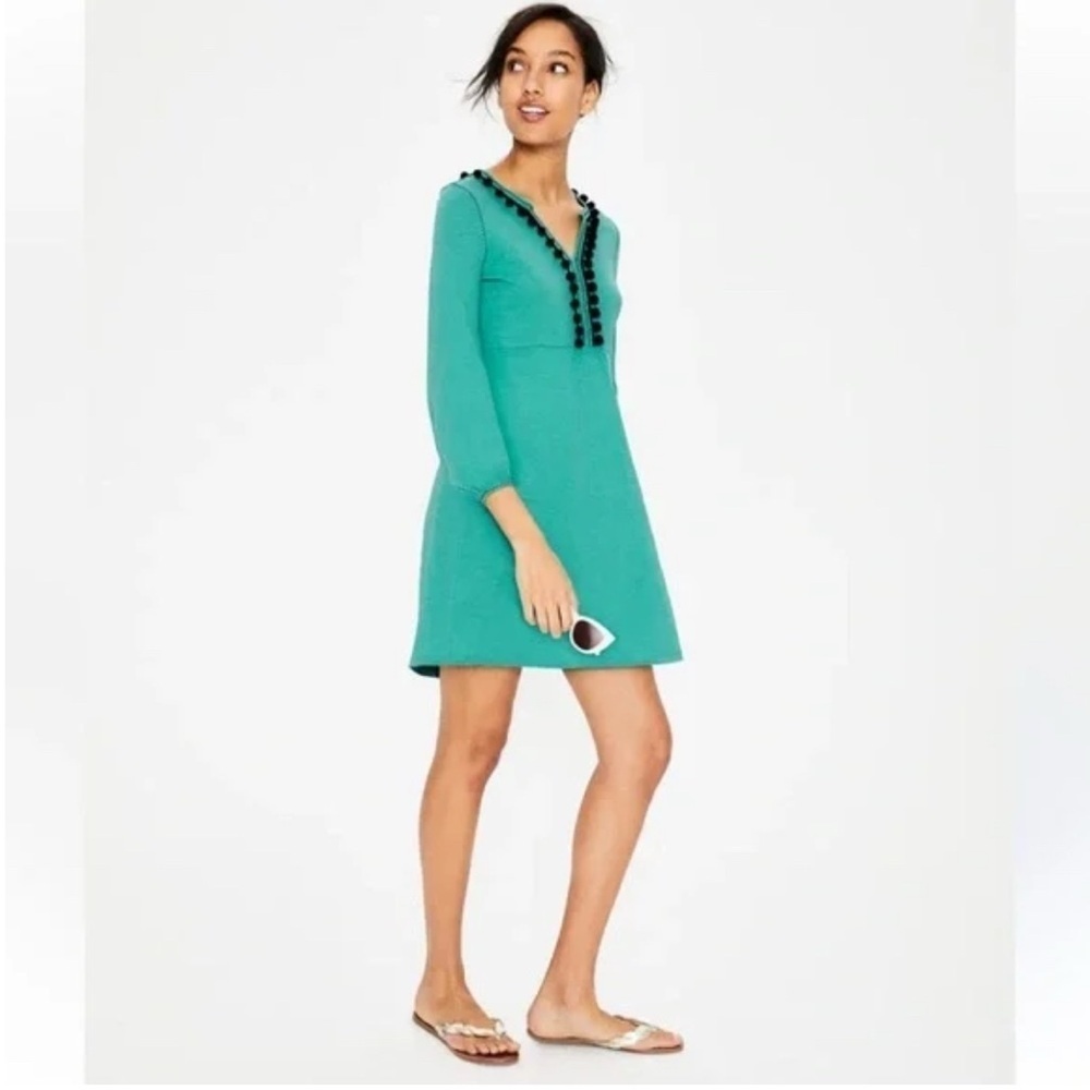 Boden US 4 Long Carina Jersey Navy Pom Pom Tunic Mini Sheath Dress Teal